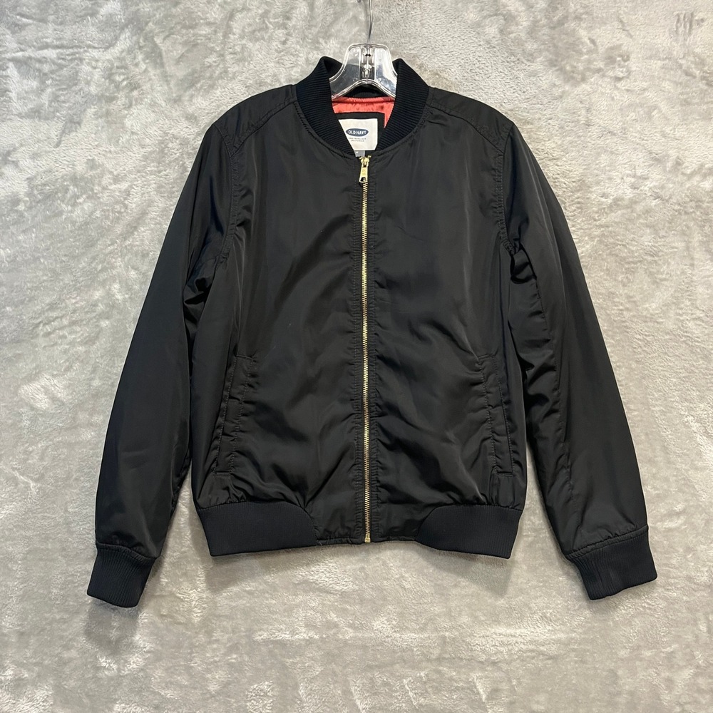Old Navy Bomber Jacket Mens Medium Black Full Zip Orange Lining Flight Coat